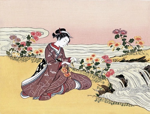 девушка, собирающая хризантемы у ручья. гравюра 18 век. Судзуки Харуно